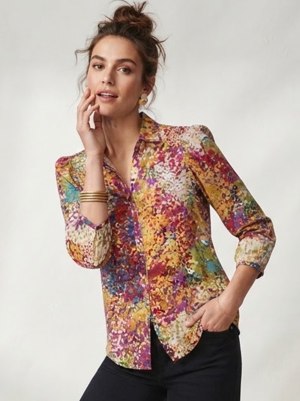 Robert Graham Multicolor Abstract Dot 3/4 Sleeve Blouse Size M